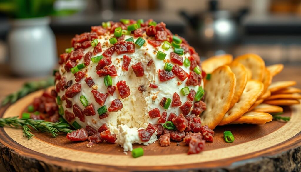 cheese ball with chipped beef and green onion